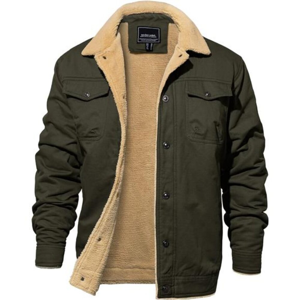 Men's Winter Jacket Thick Thermal Cotton Warm Fleece Lined Coat Trucker Lapel